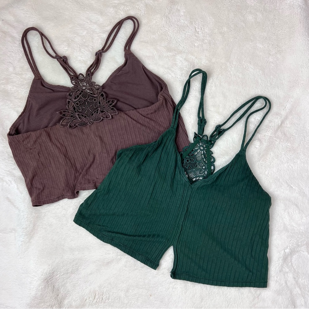Aerie Cropped Lace Detail Bralette Tank Bundle Brown and Green XS